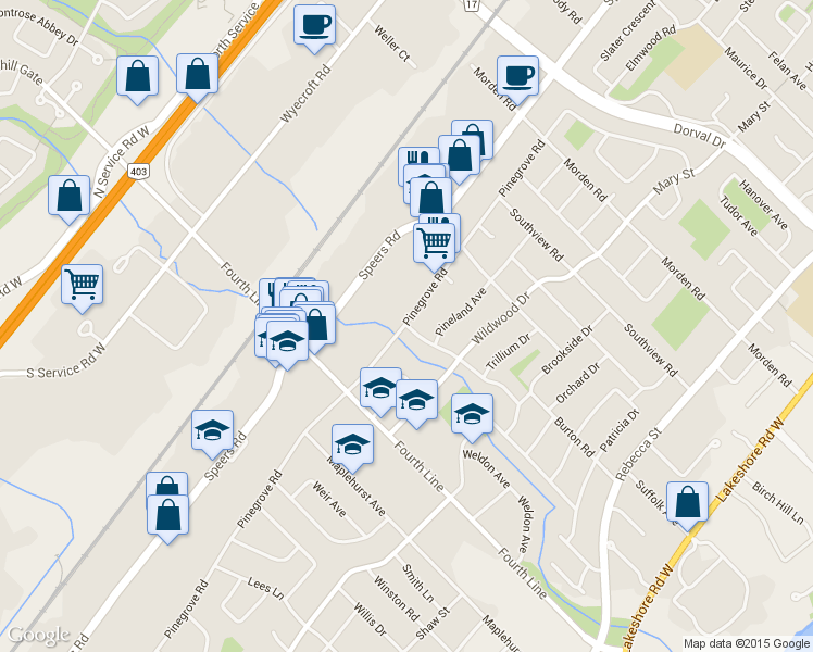 map of restaurants, bars, coffee shops, grocery stores, and more near 384 Burton Road in Oakville