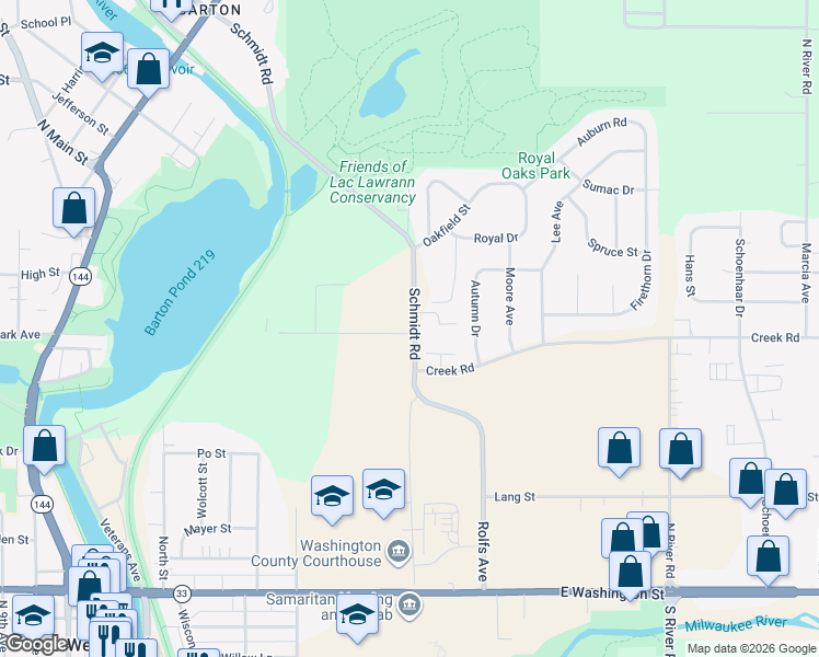 map of restaurants, bars, coffee shops, grocery stores, and more near 1100 Brown Lane in West Bend