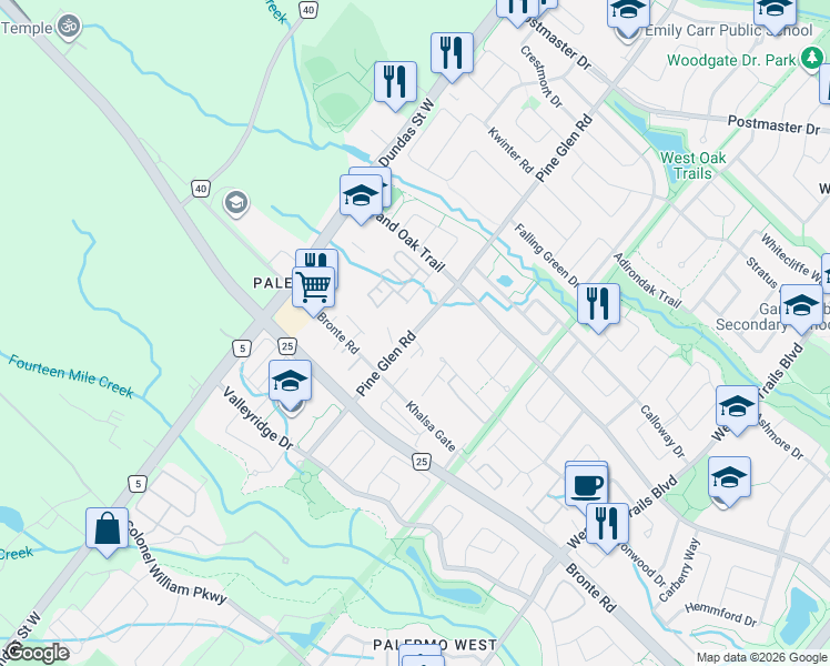 map of restaurants, bars, coffee shops, grocery stores, and more near 3005 Pine Glen Road in Oakville