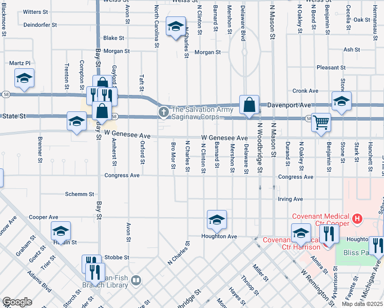 map of restaurants, bars, coffee shops, grocery stores, and more near 1827 North Clinton Street in Saginaw
