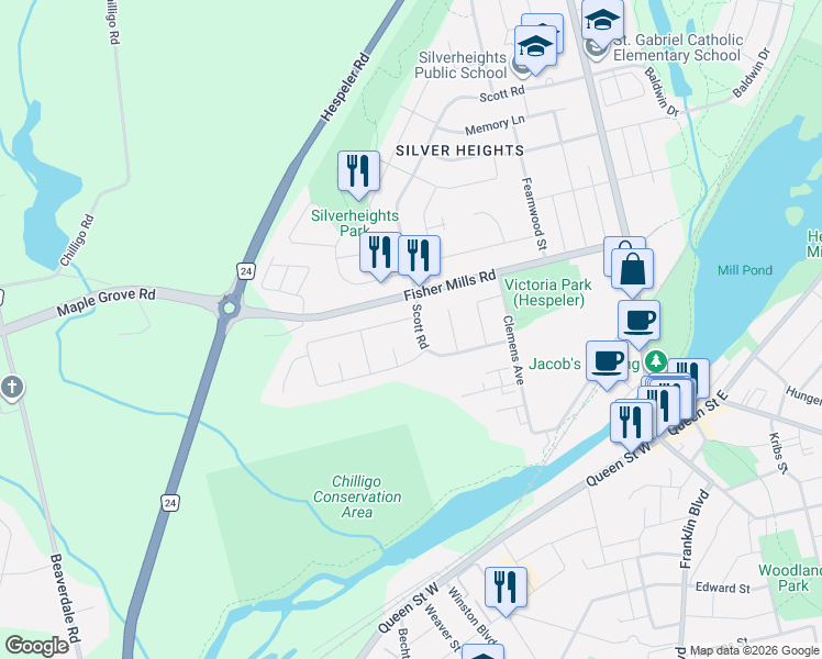 map of restaurants, bars, coffee shops, grocery stores, and more near 96 Scott Road in Cambridge