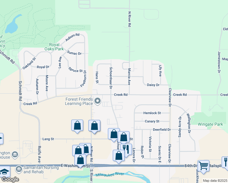 map of restaurants, bars, coffee shops, grocery stores, and more near 1608 Creek Road in West Bend