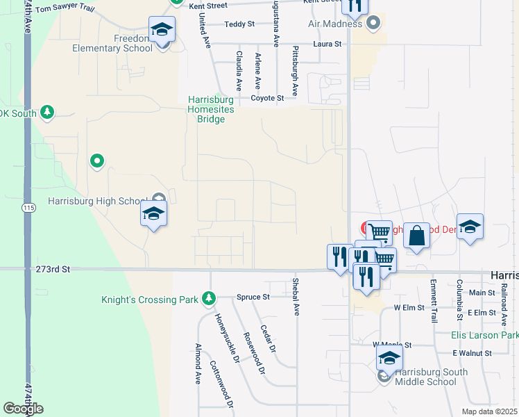 map of restaurants, bars, coffee shops, grocery stores, and more near 47476 County Highway 110 in Harrisburg