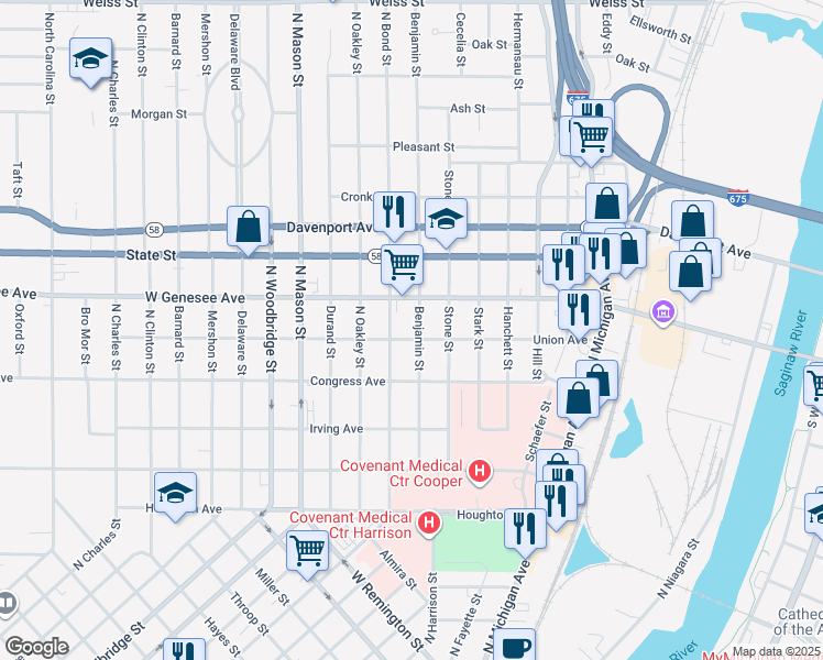 map of restaurants, bars, coffee shops, grocery stores, and more near 1108 Union Avenue in Saginaw
