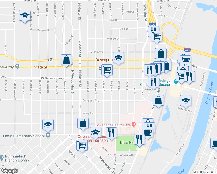 map of restaurants, bars, coffee shops, grocery stores, and more near 1110 Union Avenue in Saginaw