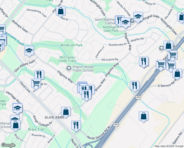 map of restaurants, bars, coffee shops, grocery stores, and more near 1311 Blackburn Drive in Oakville