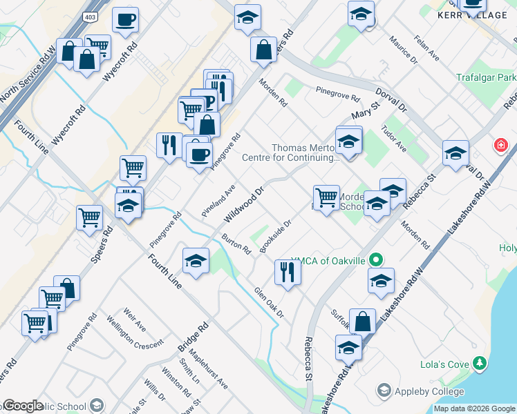 map of restaurants, bars, coffee shops, grocery stores, and more near 485 Trillium Drive in Oakville