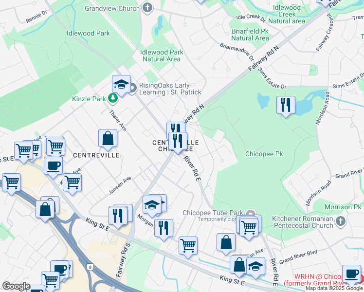 map of restaurants, bars, coffee shops, grocery stores, and more near 70 Scenic Drive in Kitchener
