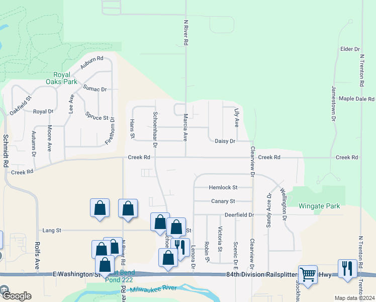 map of restaurants, bars, coffee shops, grocery stores, and more near 1715 Creek Road in West Bend