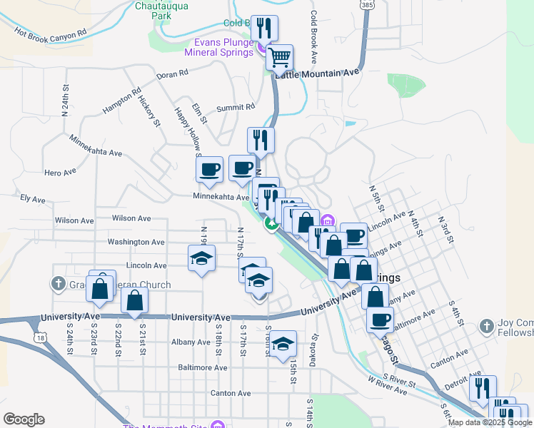 map of restaurants, bars, coffee shops, grocery stores, and more near 509 North River Street in Hot Springs