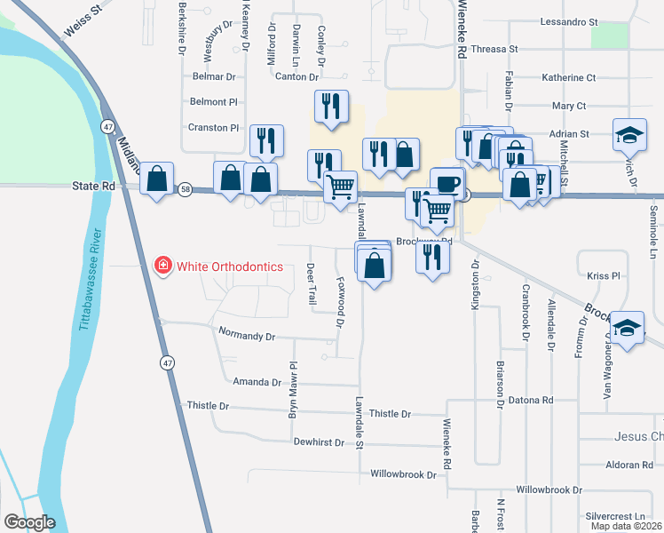 map of restaurants, bars, coffee shops, grocery stores, and more near 1 Foxwood Drive in Saginaw