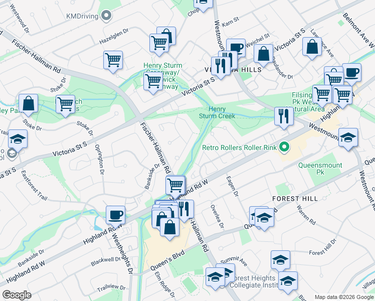 map of restaurants, bars, coffee shops, grocery stores, and more near 9 Caprice Court in Kitchener