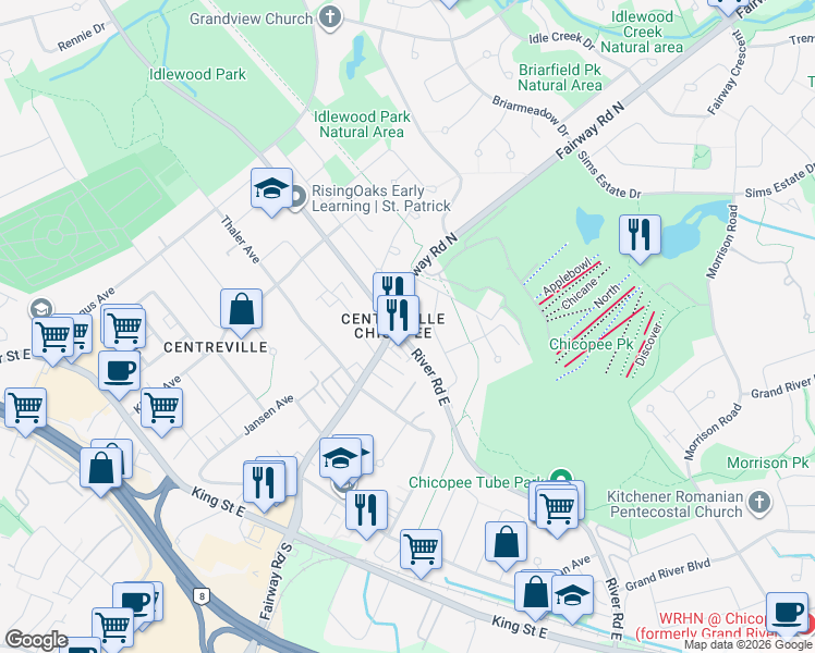 map of restaurants, bars, coffee shops, grocery stores, and more near 70 Scenic Drive in Kitchener