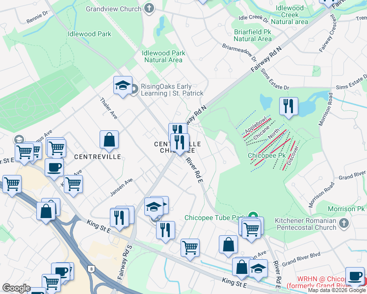 map of restaurants, bars, coffee shops, grocery stores, and more near 283 Fairway Road North in Kitchener