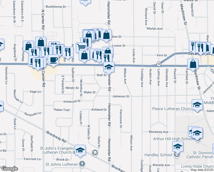 map of restaurants, bars, coffee shops, grocery stores, and more near 1807 Hemmeter Road in Saginaw