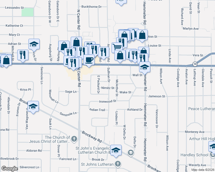 map of restaurants, bars, coffee shops, grocery stores, and more near 1811 Sullivan Drive in Saginaw