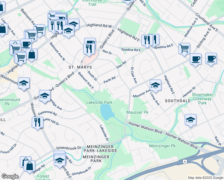 map of restaurants, bars, coffee shops, grocery stores, and more near 60 Coral Crescent in Kitchener
