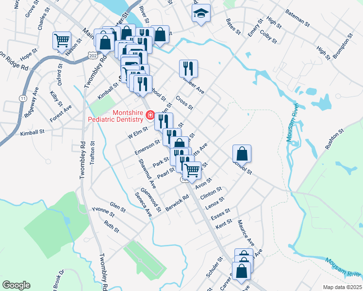 map of restaurants, bars, coffee shops, grocery stores, and more near 6 Tebbetts Avenue in Sanford