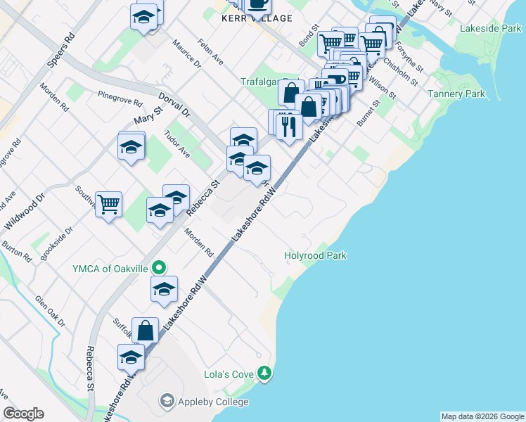 map of restaurants, bars, coffee shops, grocery stores, and more near 276 Lakeshore Road West in Oakville