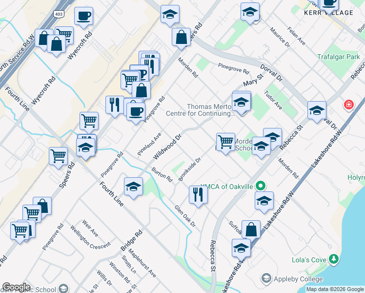 map of restaurants, bars, coffee shops, grocery stores, and more near 485 Trillium Drive in Oakville