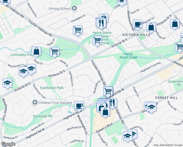 map of restaurants, bars, coffee shops, grocery stores, and more near 26 Benesfort Drive in Kitchener