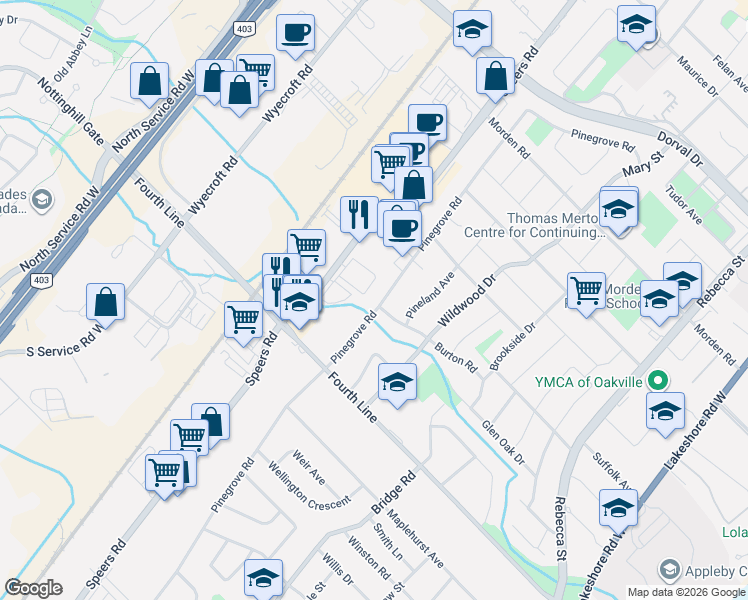 map of restaurants, bars, coffee shops, grocery stores, and more near 384 Burton Road in Oakville