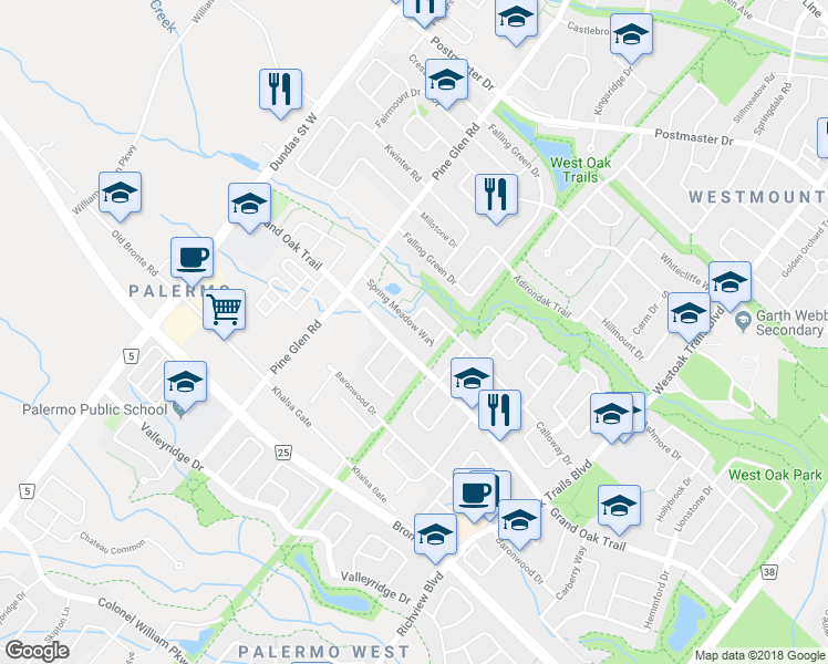 map of restaurants, bars, coffee shops, grocery stores, and more near 2364 Spring Meadow Way in Oakville