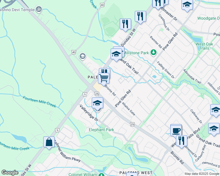 map of restaurants, bars, coffee shops, grocery stores, and more near 2475 Old Bronte Road in Oakville