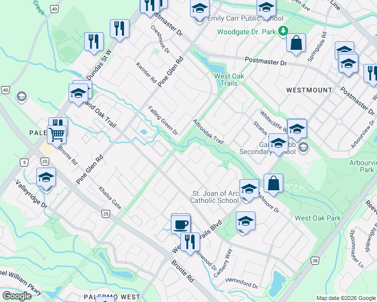 map of restaurants, bars, coffee shops, grocery stores, and more near 2299 Glazebrook Circle in Oakville