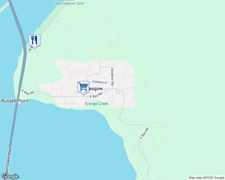 map of restaurants, bars, coffee shops, grocery stores, and more near 67482 East Bay Road in North Bend