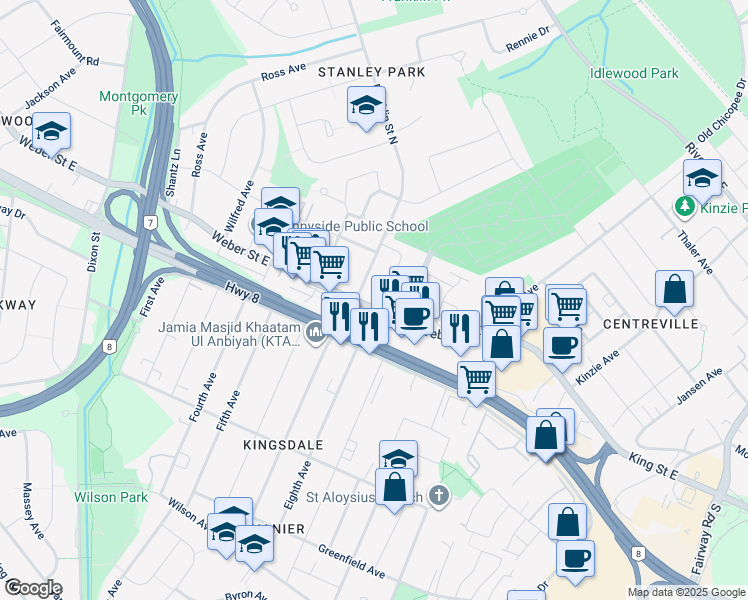 map of restaurants, bars, coffee shops, grocery stores, and more near 10 Pinecrest Drive in Kitchener