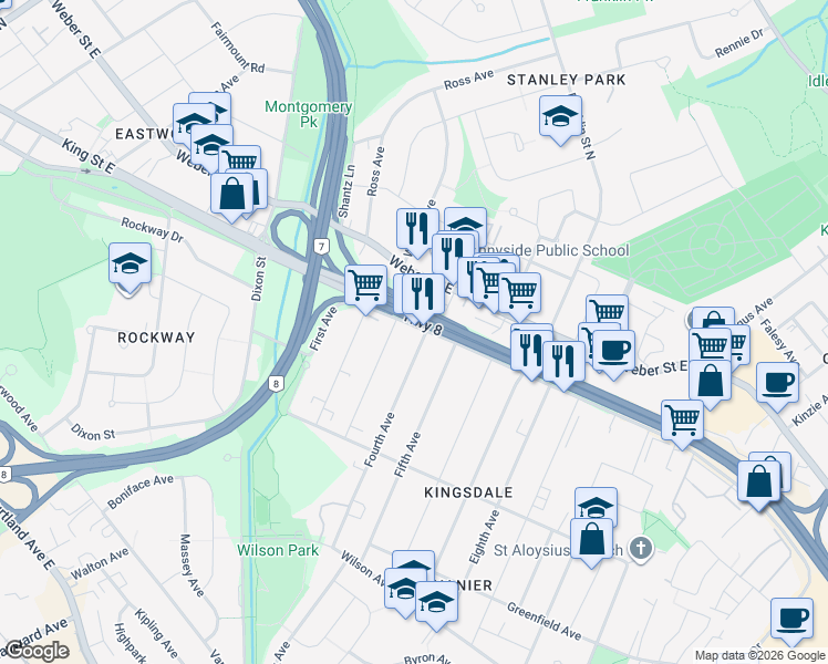 map of restaurants, bars, coffee shops, grocery stores, and more near 25 Fourth Avenue in Kitchener