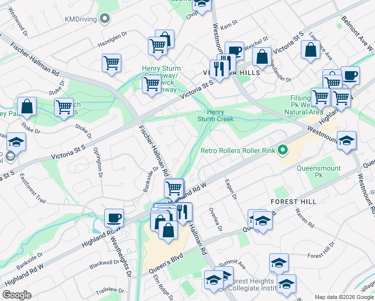 map of restaurants, bars, coffee shops, grocery stores, and more near 9 Caprice Court in Kitchener
