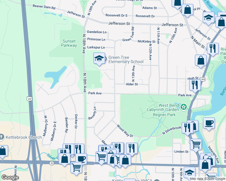 map of restaurants, bars, coffee shops, grocery stores, and more near 1341 Park Avenue in West Bend