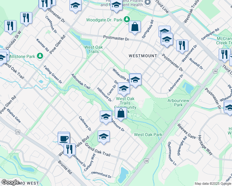 map of restaurants, bars, coffee shops, grocery stores, and more near 2189 Hillmount Drive in Oakville
