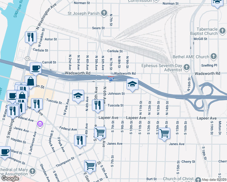 map of restaurants, bars, coffee shops, grocery stores, and more near 226 North 7th Street in Saginaw