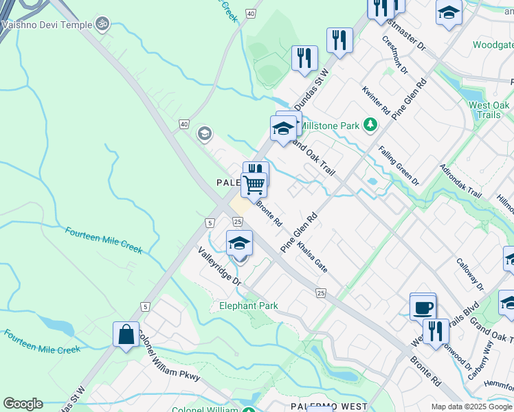 map of restaurants, bars, coffee shops, grocery stores, and more near 2486 Old Bronte Road in Oakville
