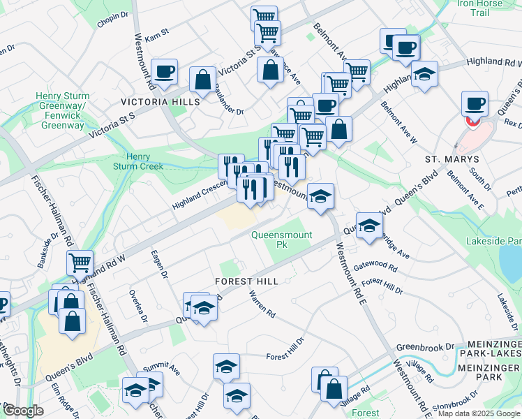 map of restaurants, bars, coffee shops, grocery stores, and more near 525 Highland Road West in Kitchener