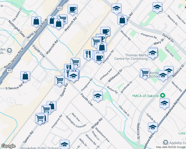 map of restaurants, bars, coffee shops, grocery stores, and more near 384 Burton Road in Oakville