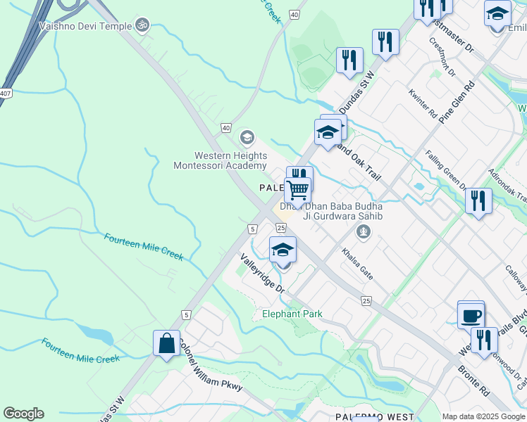 map of restaurants, bars, coffee shops, grocery stores, and more near in Oakville