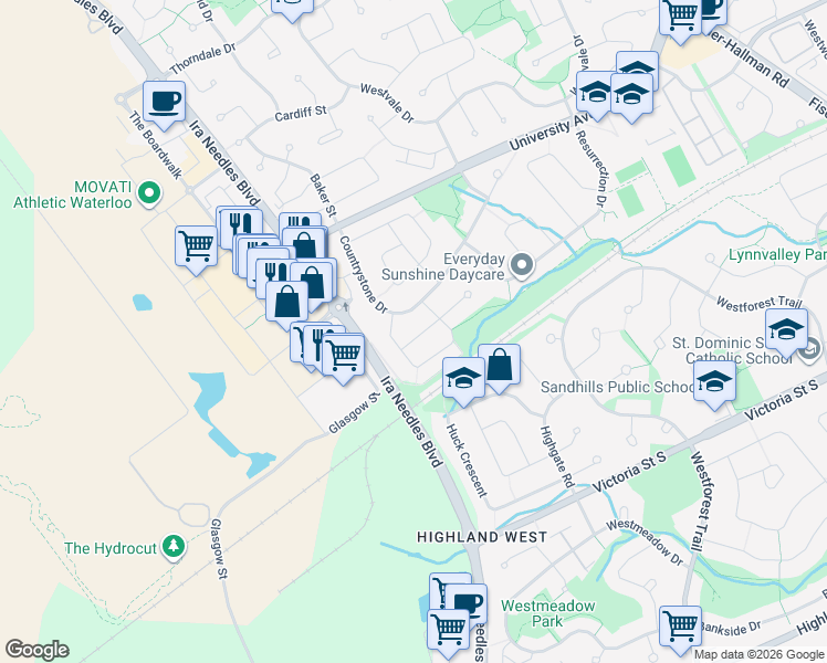 map of restaurants, bars, coffee shops, grocery stores, and more near 30 Sassafras Street in Kitchener