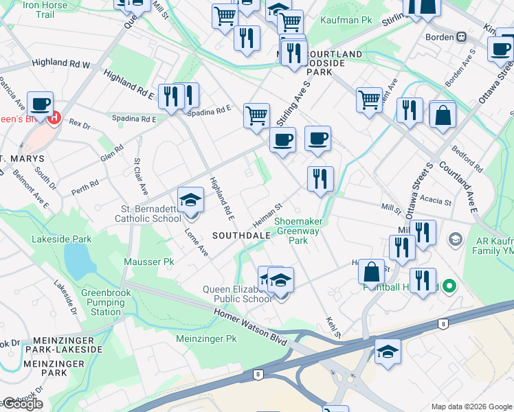 map of restaurants, bars, coffee shops, grocery stores, and more near 150 Charles Best Place in Kitchener