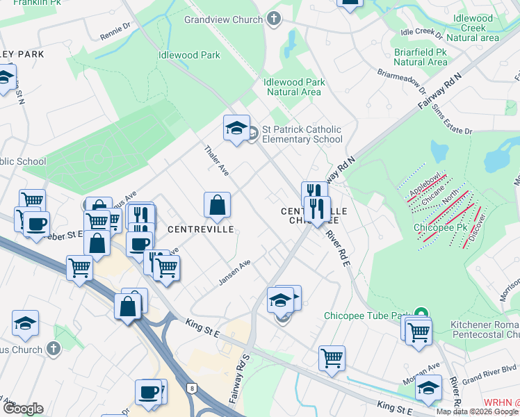 map of restaurants, bars, coffee shops, grocery stores, and more near 134 Thaler Avenue in Kitchener