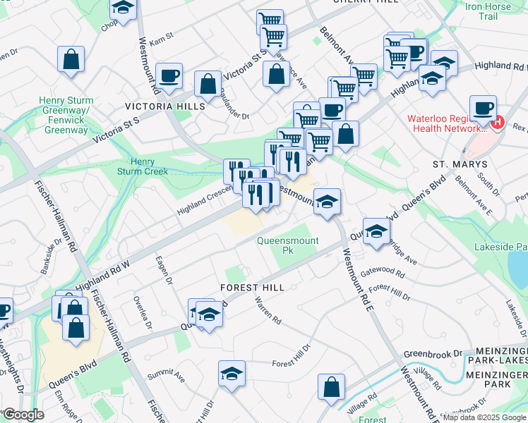 map of restaurants, bars, coffee shops, grocery stores, and more near 525 Highland Road West in Kitchener