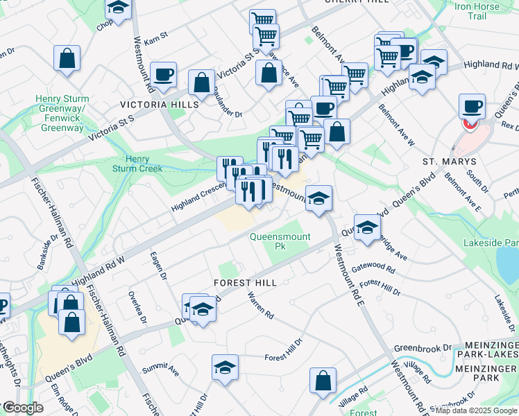 map of restaurants, bars, coffee shops, grocery stores, and more near 525 Highland Road West in Kitchener