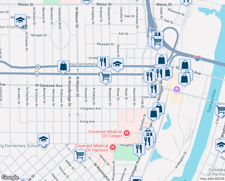 map of restaurants, bars, coffee shops, grocery stores, and more near 1002 West Genesee Avenue in Saginaw