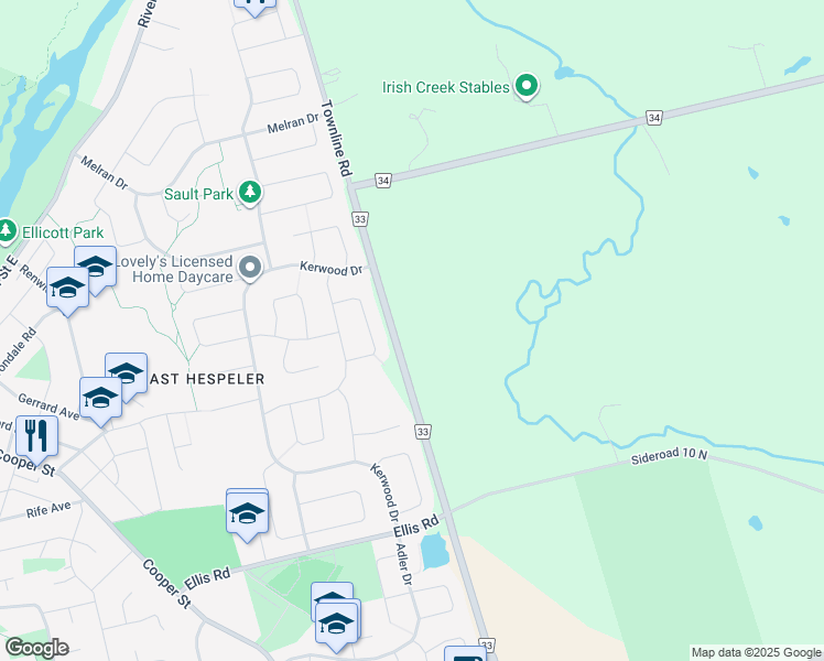 map of restaurants, bars, coffee shops, grocery stores, and more near 3433 Townline Road in Cambridge
