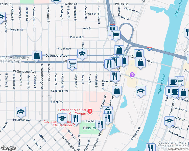 map of restaurants, bars, coffee shops, grocery stores, and more near 820 West Genesee Avenue in Saginaw