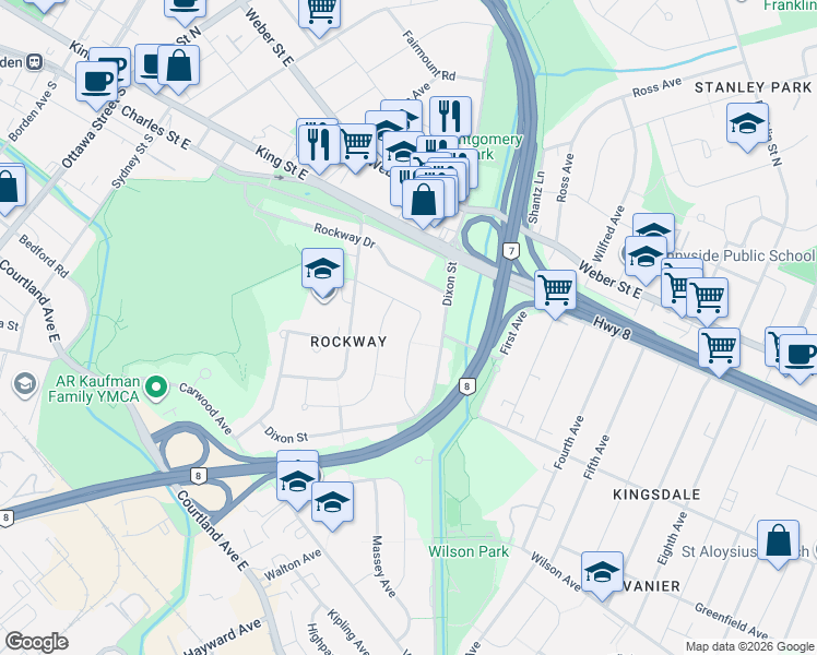 map of restaurants, bars, coffee shops, grocery stores, and more near 72 Plymouth Road in Kitchener