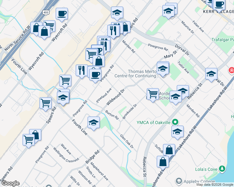 map of restaurants, bars, coffee shops, grocery stores, and more near 338 Ashbury Road in Oakville